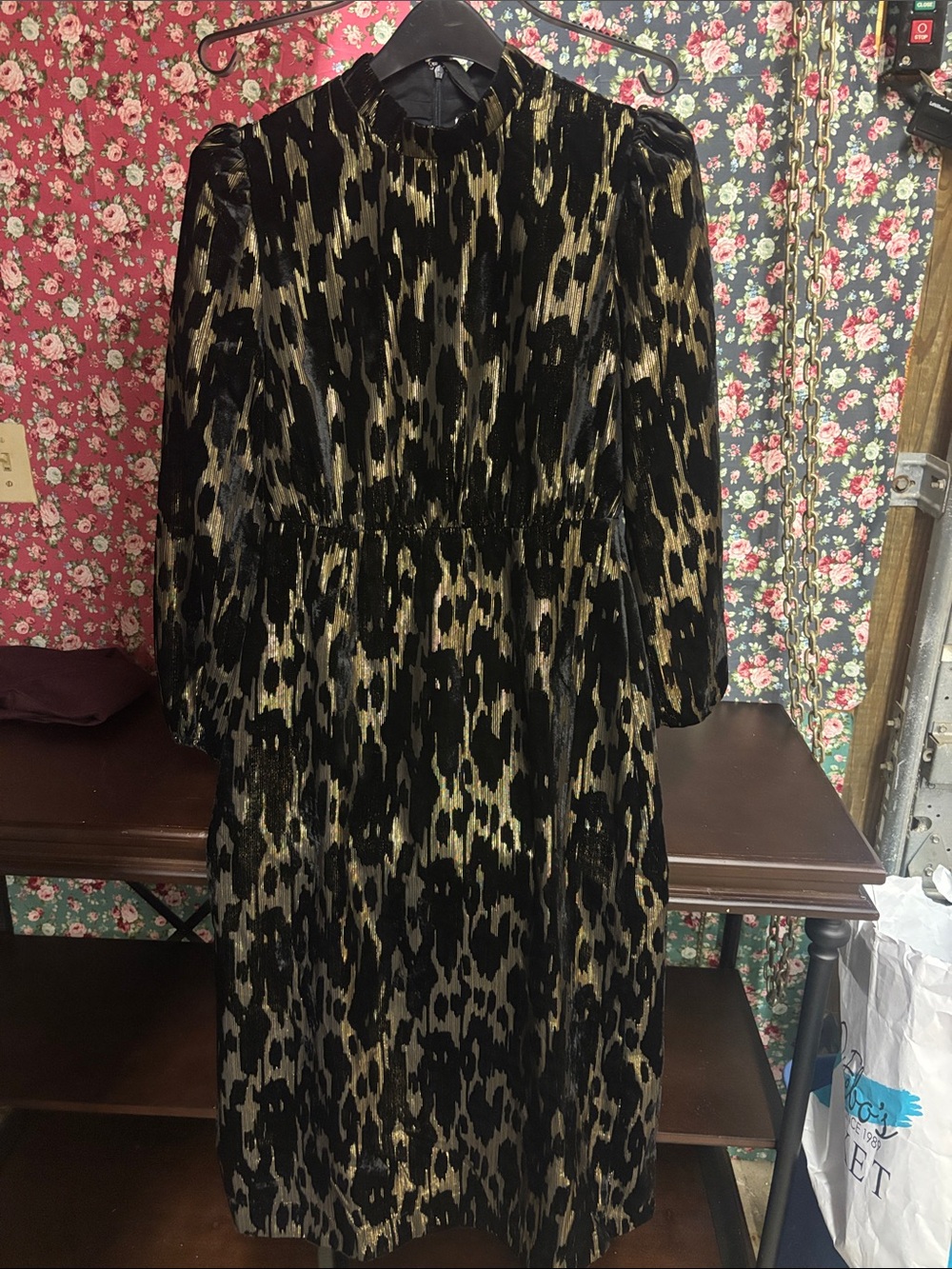 Pomander Place Black and Gold Velvet Animal-Print Midi Dress